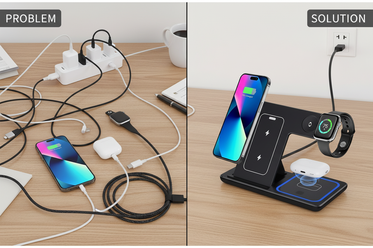 Realistic cable clutter with adapters vs wireless solution