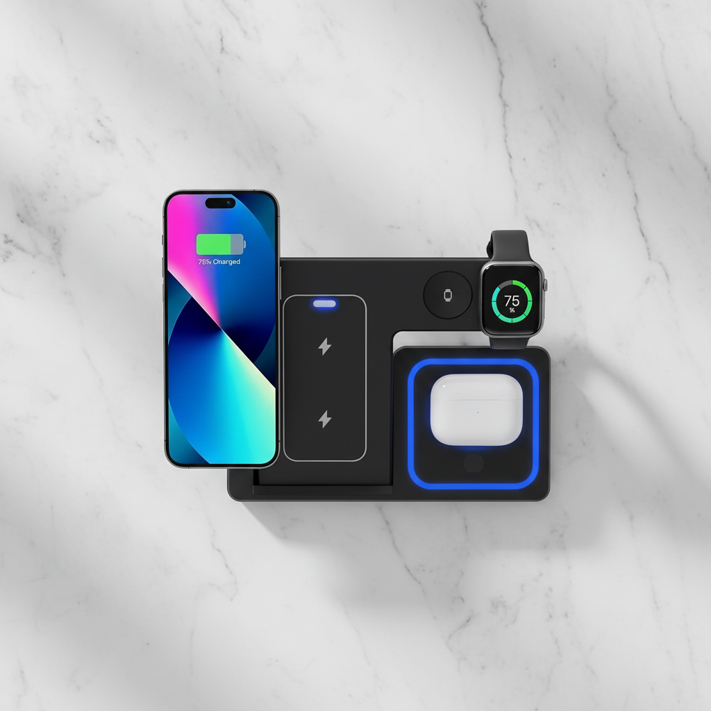 Top-down view with all devices charging